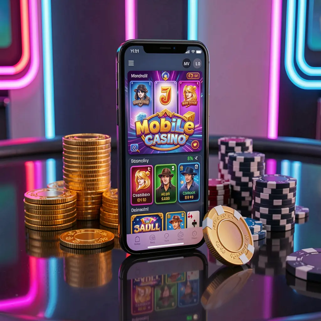FX99 mobile casino dashboard on smartphone displaying colorful gaming interface with golden coins and poker chips on a glossy table under elegant neon lighting