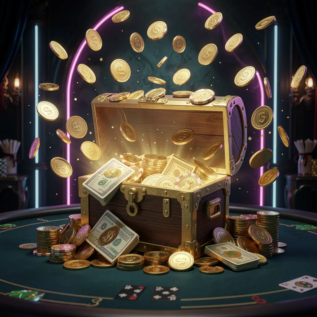 FX99 premium online casino bonus banner featuring golden coins flying in the air and a glowing treasure chest full of chips and cash against a luxury dark background with neon accents and a festive, elegant casino atmosphere