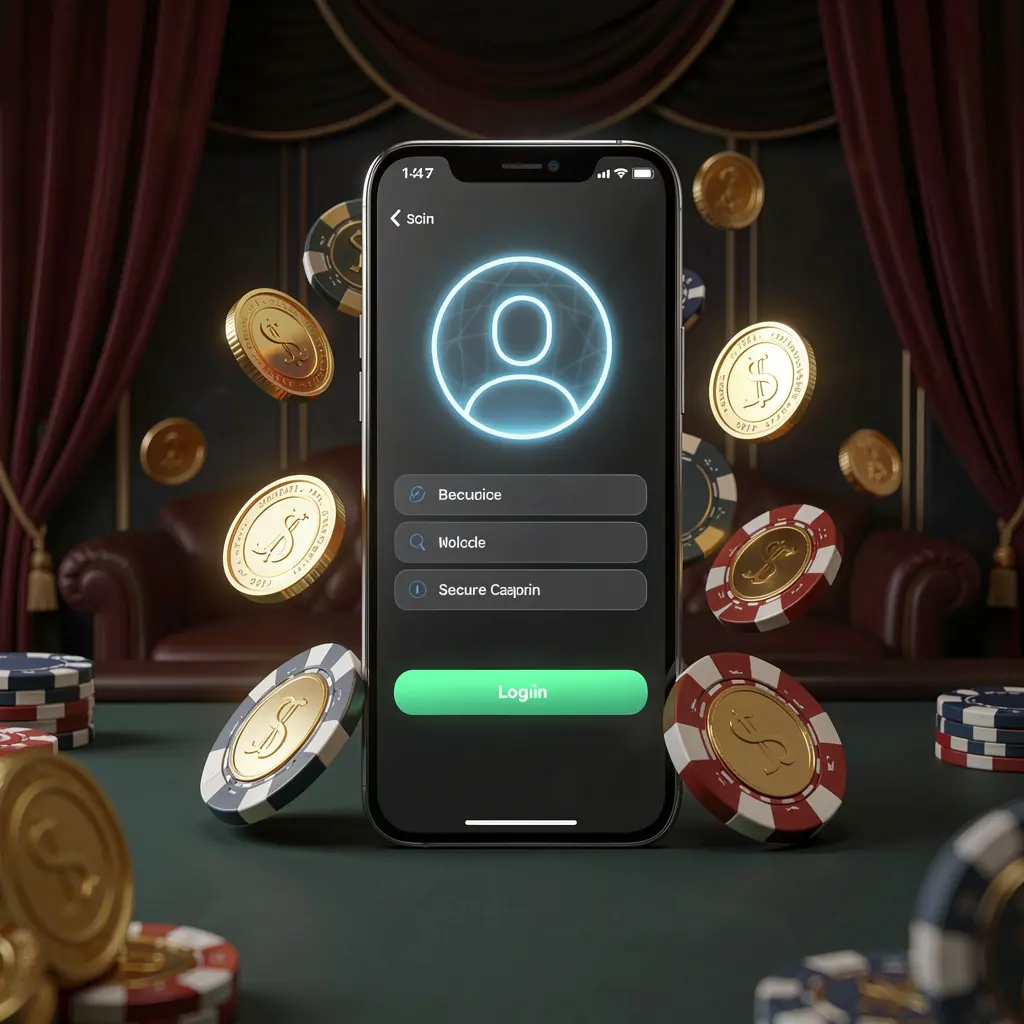 FX99 online casino login page hero banner featuring a modern smartphone displaying a secure login screen with a glowing user profile icon, surrounded by golden coins and poker chips on a dark luxury background