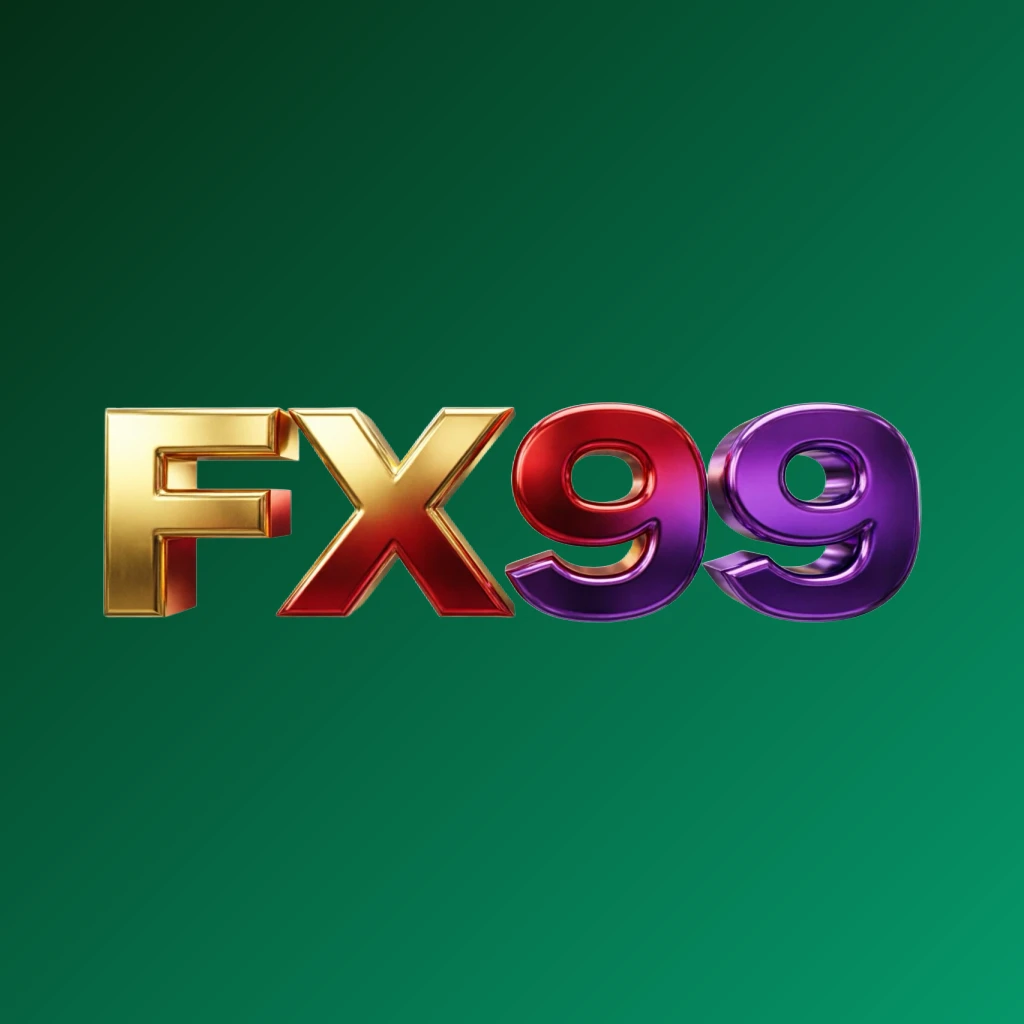 Bright premium FX99 logo with thick uppercase typography in vivid gold, red, and purple colors, featuring a polished metallic finish and strong visual impact on a transparent background, designed as a wide horizontal rectangular wordmark for website header
