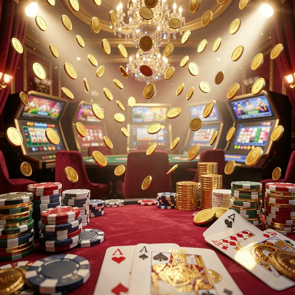FX99 online gaming platform homepage banner featuring bright casino lights with golden coins raining, poker chips and playing cards in the foreground, set in a luxury red and gold atmosphere with high detail 3D render